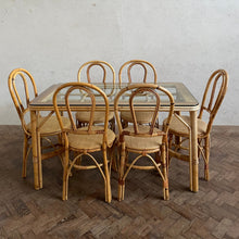 Load image into Gallery viewer, 70s Bamboo Table with a Glass Top and x Six Matching Chairs