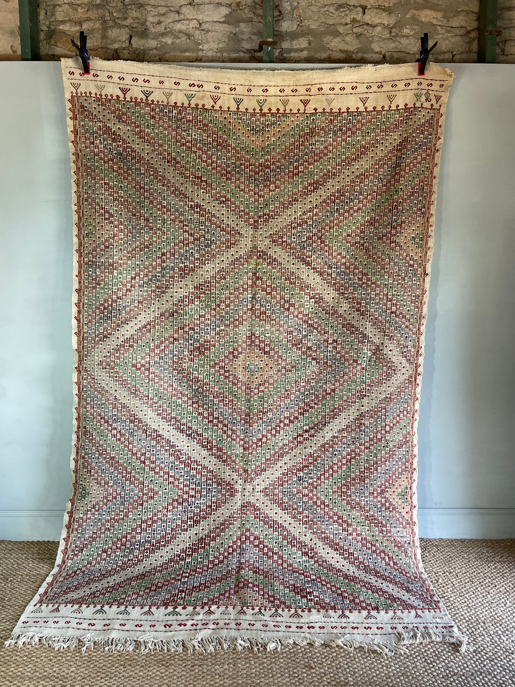 Large Cicim Kilim in muted red, blue, orange and green