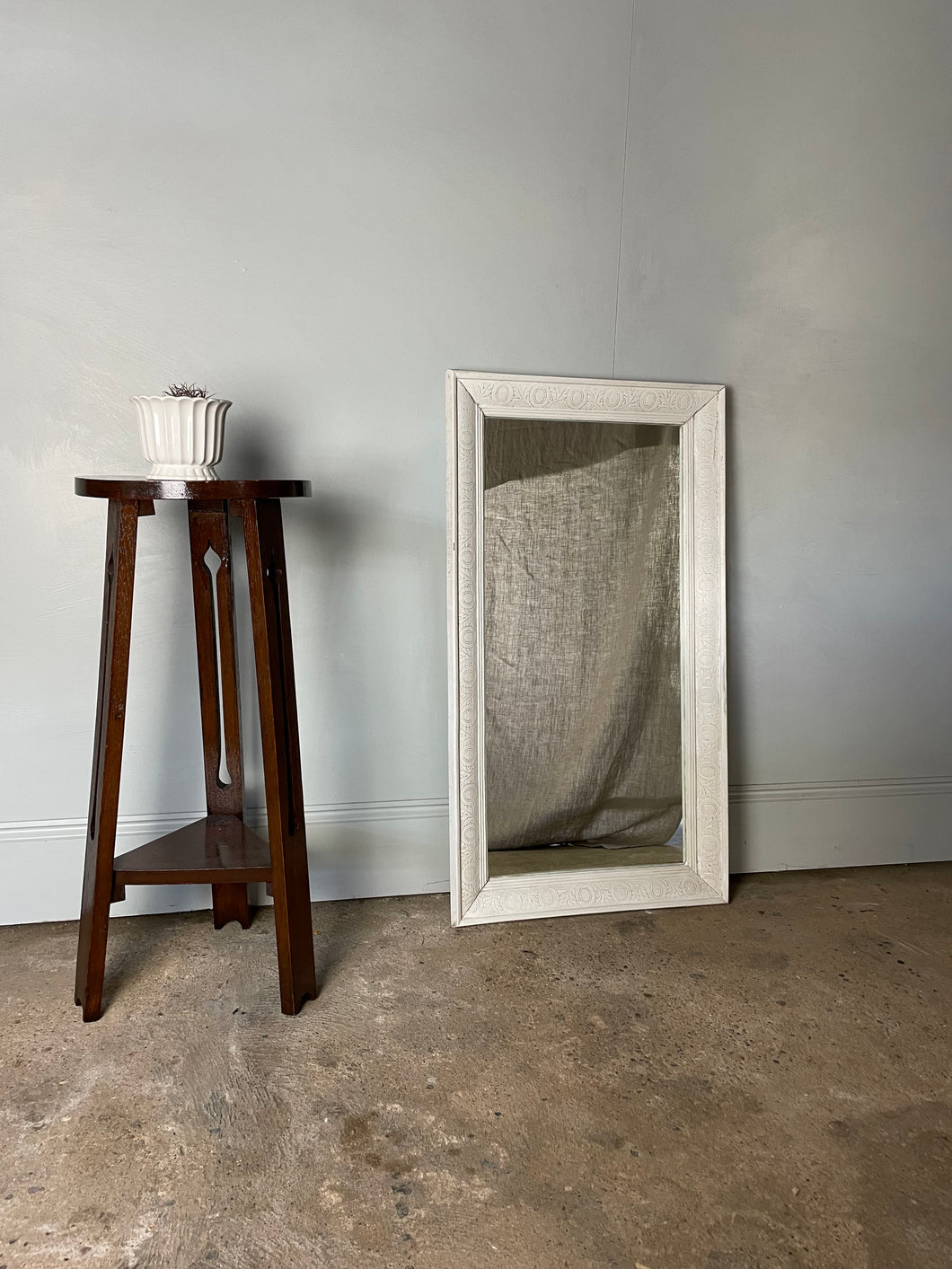 White Wooden Framed Mirror with Floral Engraving
