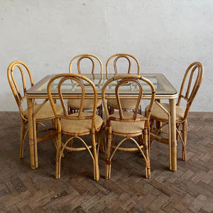 70s Bamboo Table with a Glass Top and x Six Matching Chairs
