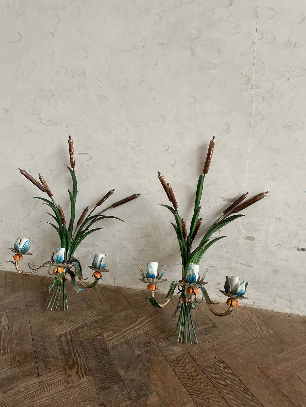 French Toileware Sconces with a bullrush design - rewired.