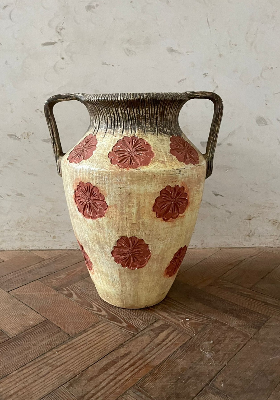 Large Painted Terracotta Urn with Flower Details