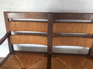Mid - Century French Oak Sofa / Bench with Rush Seats.