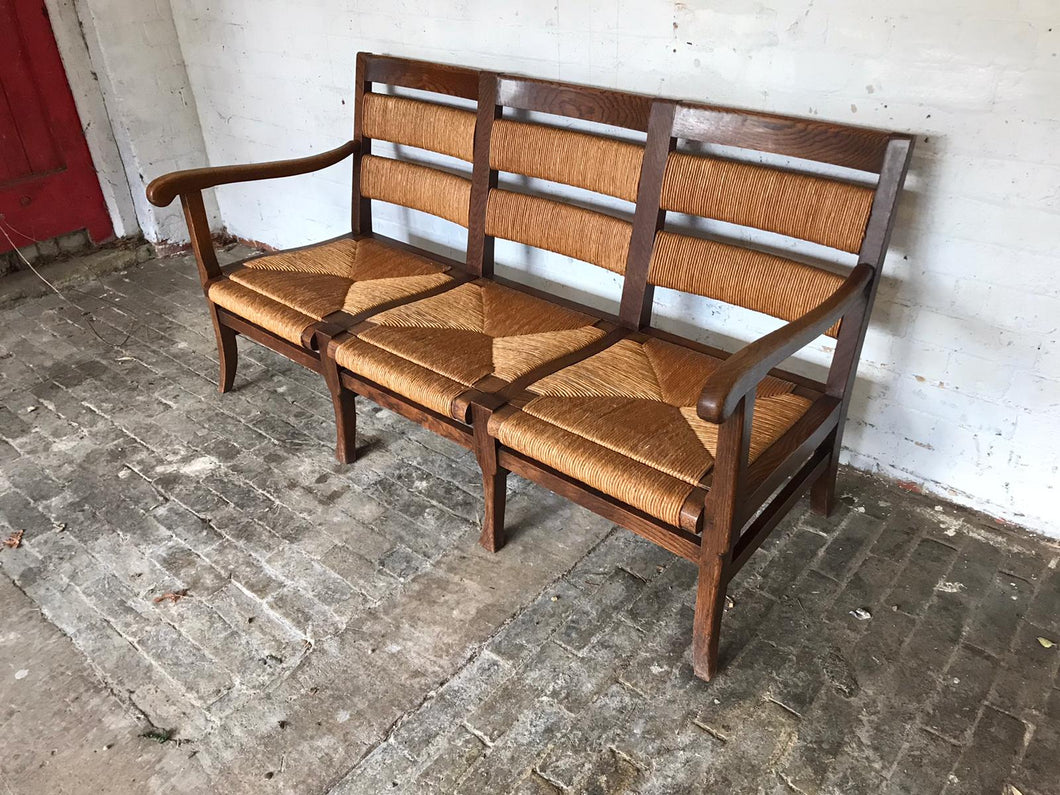 Mid - Century French Oak Sofa / Bench with Rush Seats.